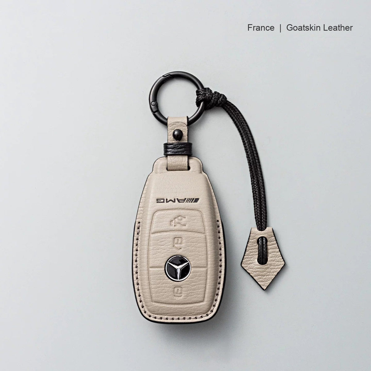 Mercedes-Benz goatskin leather key case, Style A, Gray with Black, Key Ring + Lanyard