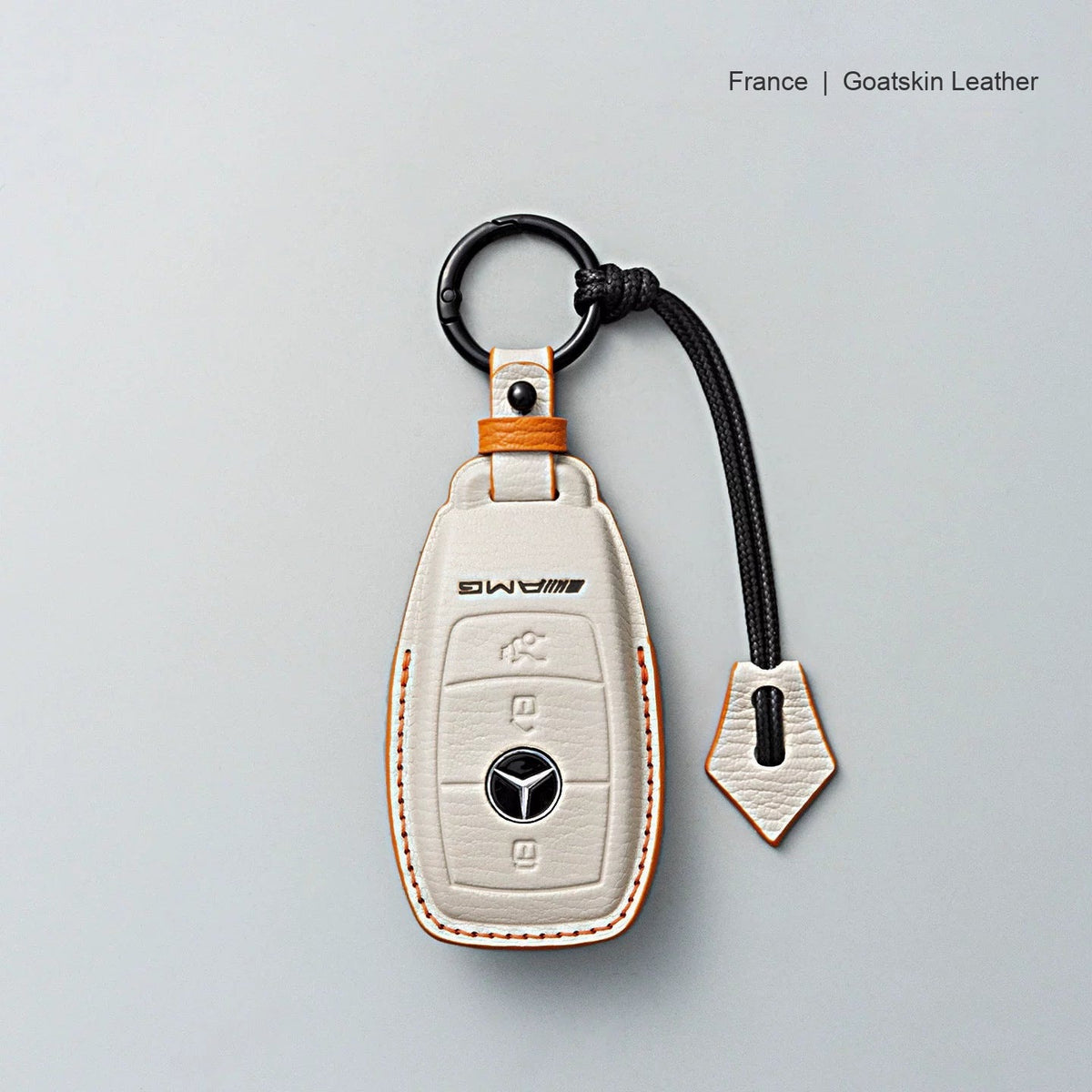 Mercedes-Benz goatskin leather key case, Style A, Cream White, Key Ring + Lanyard