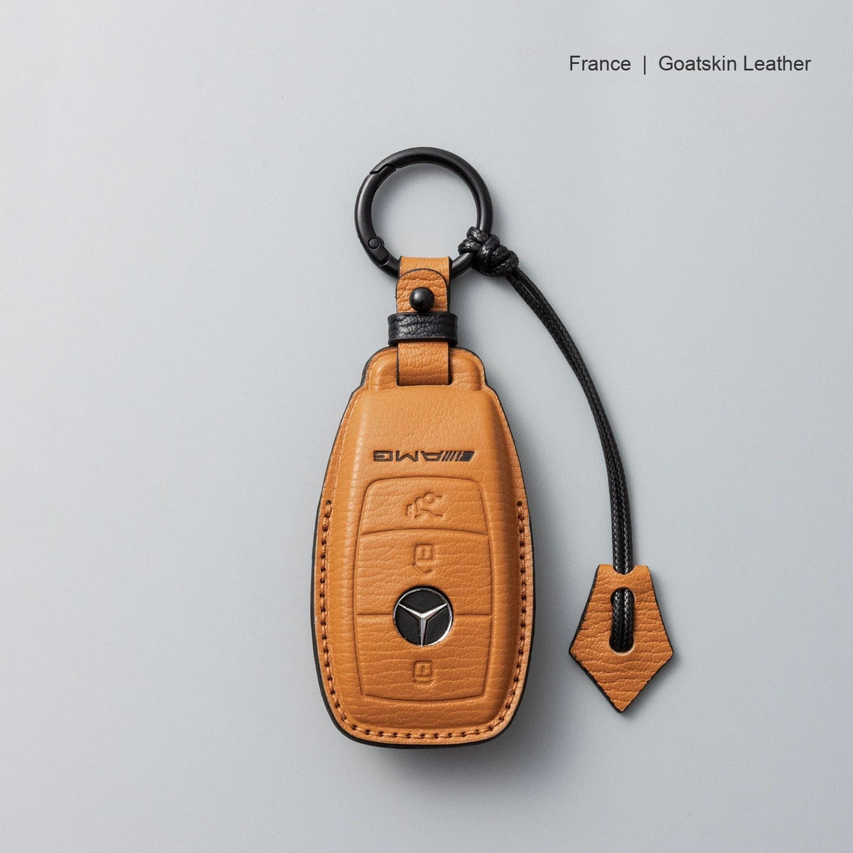 Mercedes-Benz goatskin leather key case, Style A, Caramel Brown, Key Ring + Lanyard