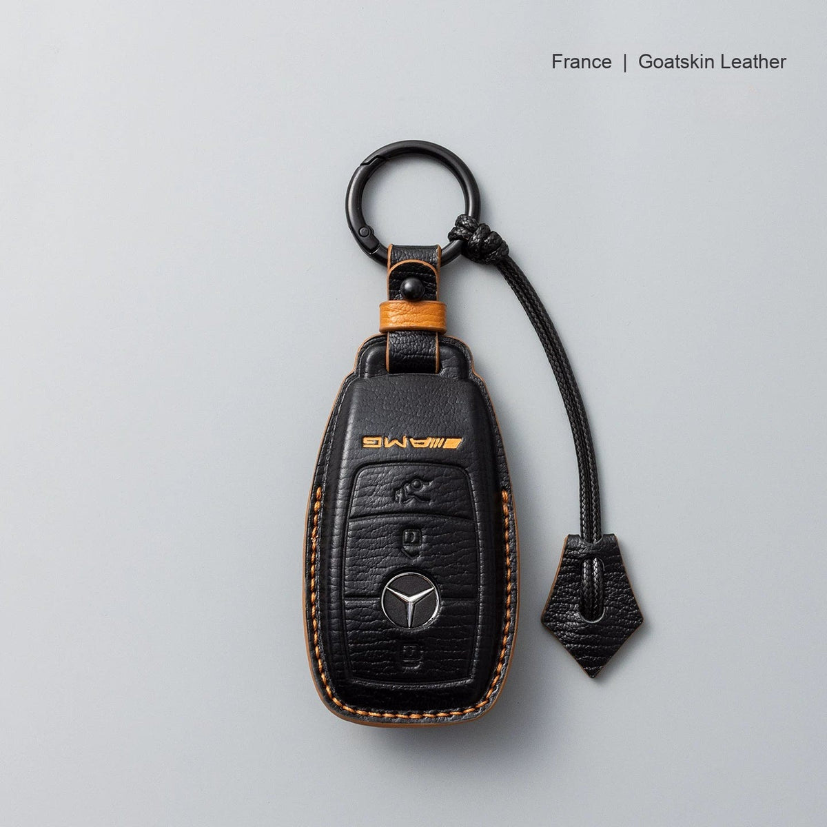 Mercedes-Benz goatskin leather key case, Style A, Black with Tan, Key Ring + Lanyard