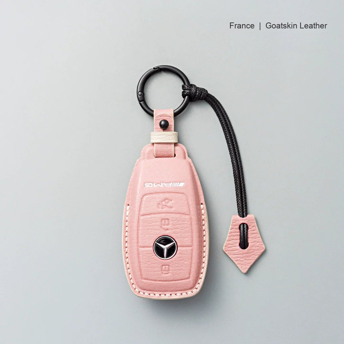 Mercedes-Benz goatskin leather key case, Style A, Sakura Pink, Key Ring + Lanyard