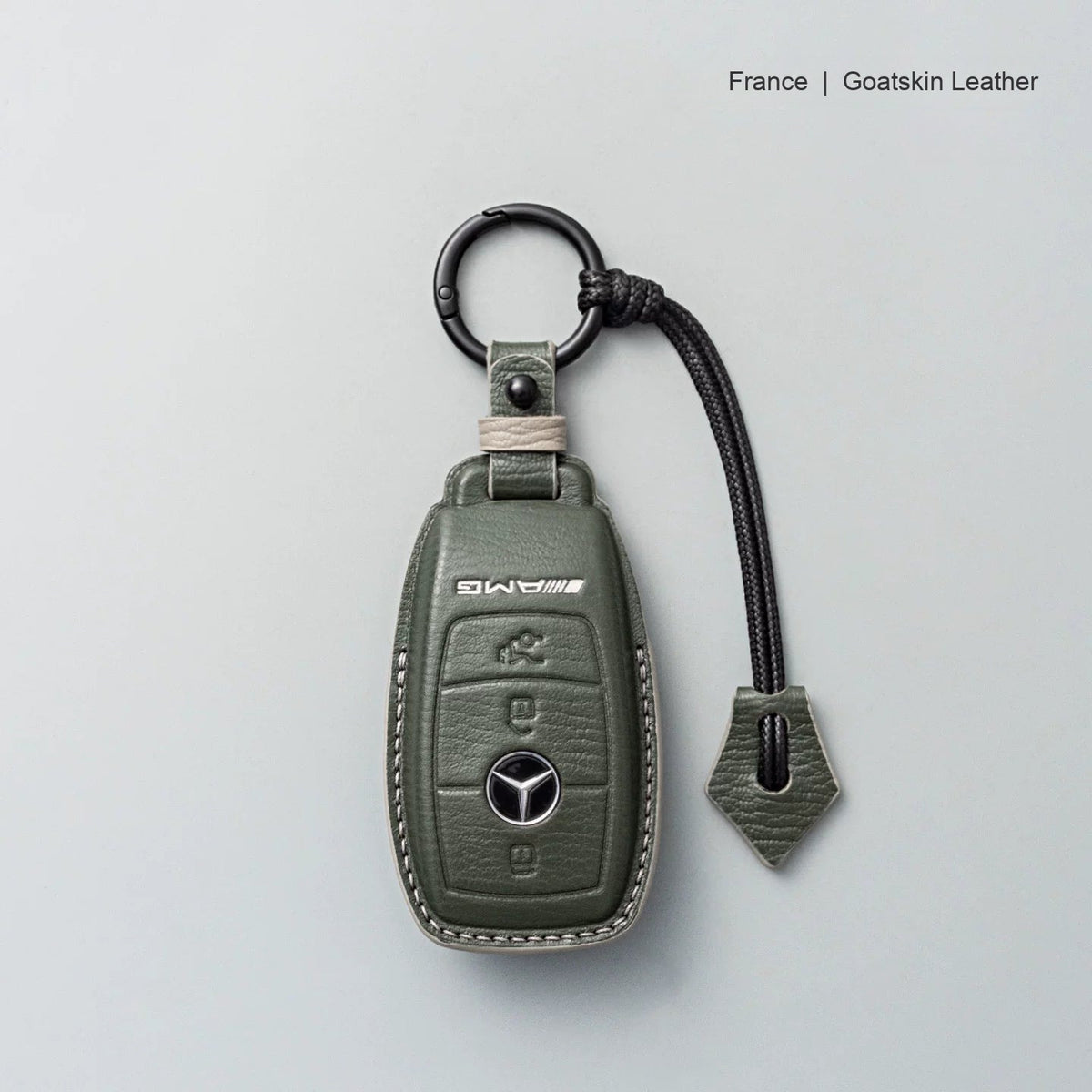 Mercedes-Benz goatskin leather key case, Style A, Olive Green, Key Ring + Lanyard