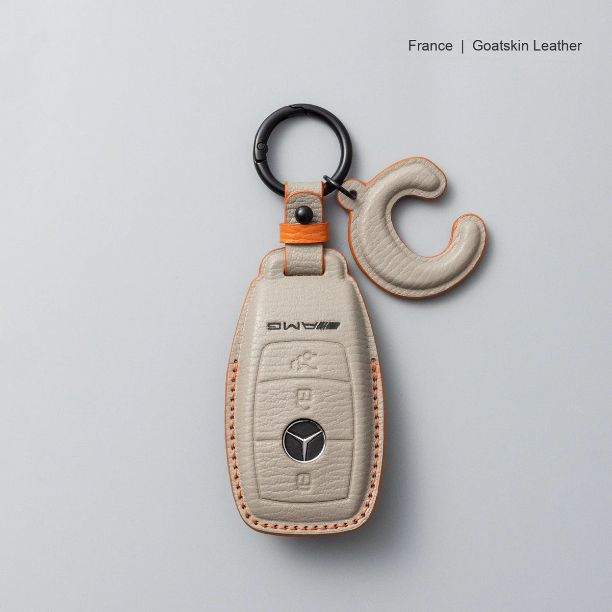 Mercedes-Benz goatskin leather key case, Style A, Dove Gray, Key Ring + Initial Letter Charm