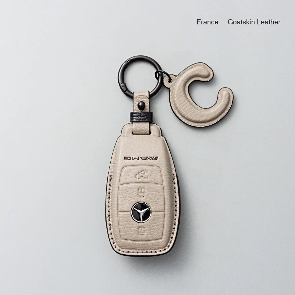 Mercedes-Benz goatskin leather key case, Style A, Gray with Black, Key Ring + Initial Letter Charm