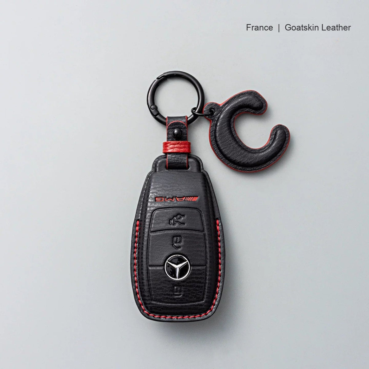Mercedes-Benz goatskin leather key case, Style A, Black with Red, Key Ring + Initial Letter Charm