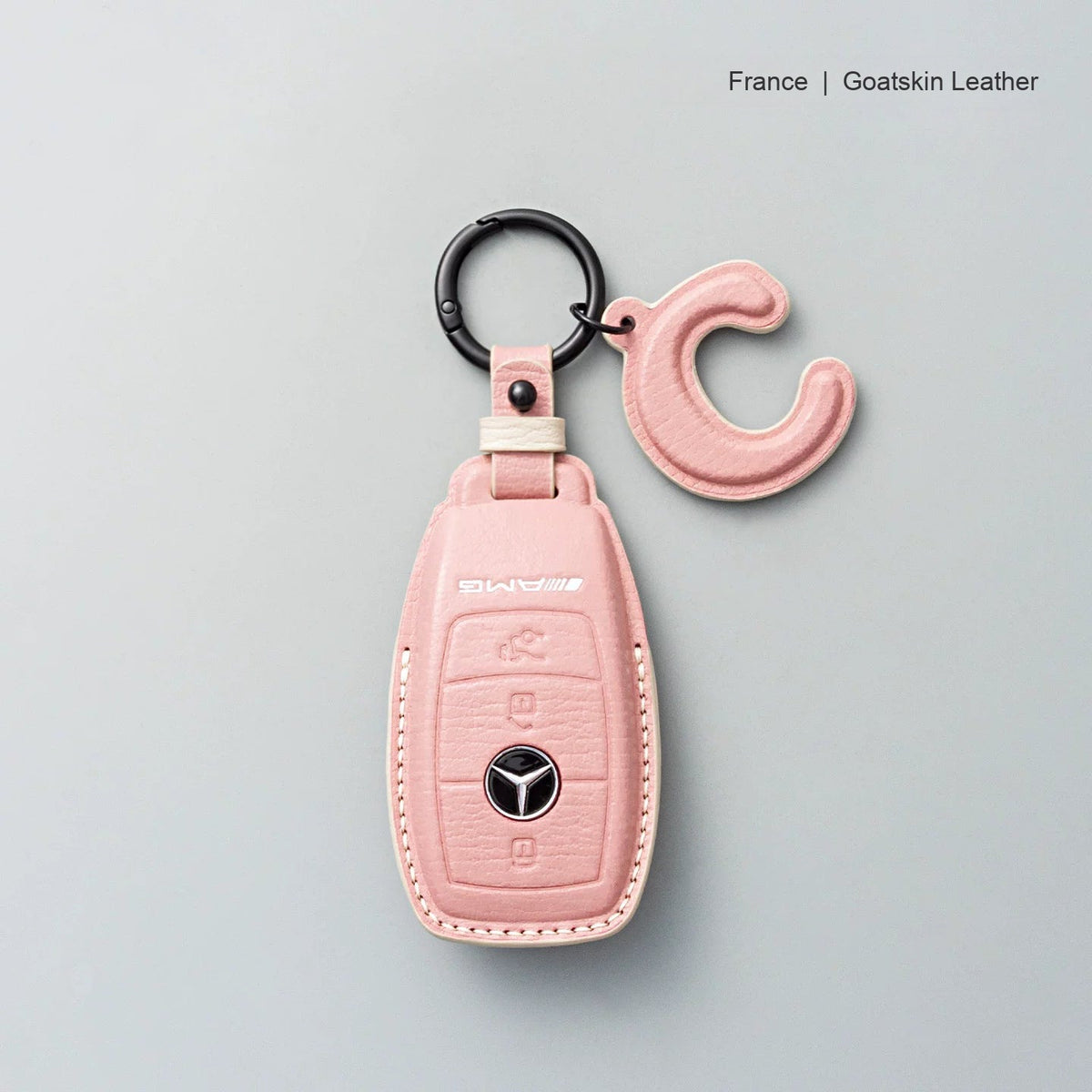 Mercedes-Benz goatskin leather key case, Style A, Sakura Pink, Key Ring + Initial Letter Charm