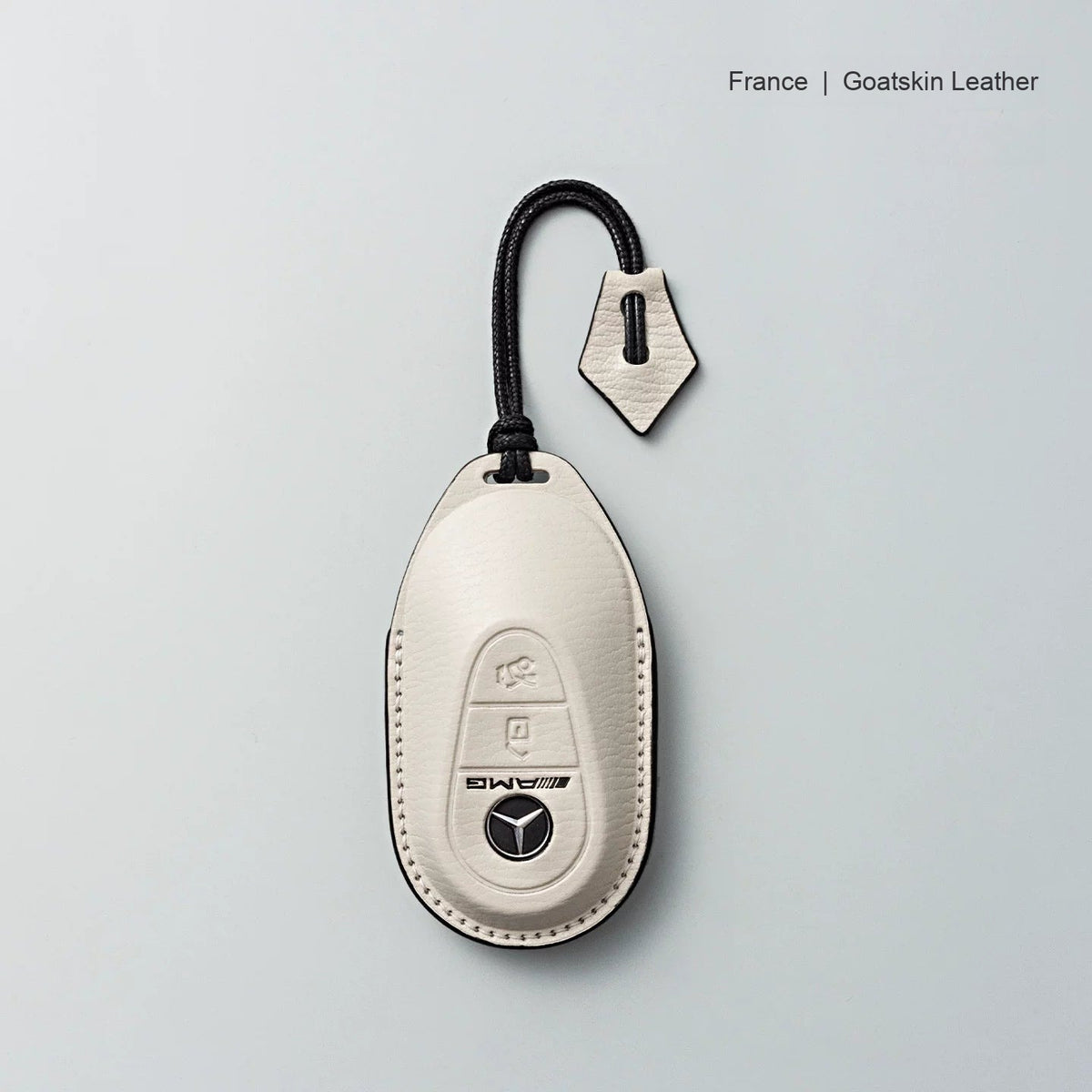 Mercedes-Benz goatskin leather key case, Style B, White with Black, Lanyard Strap