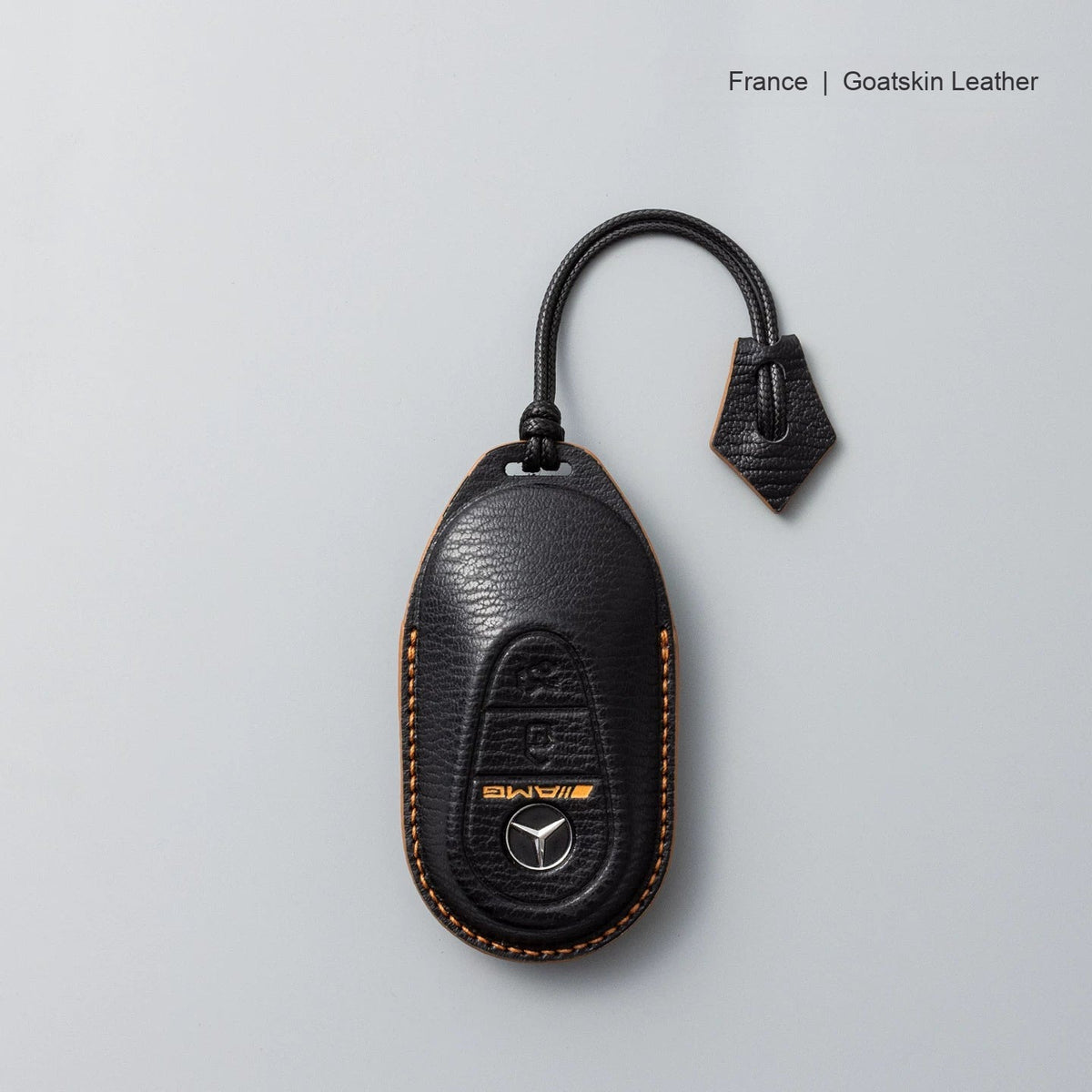Mercedes-Benz goatskin leather key case, Style B, Black with Tan, Lanyard Strap