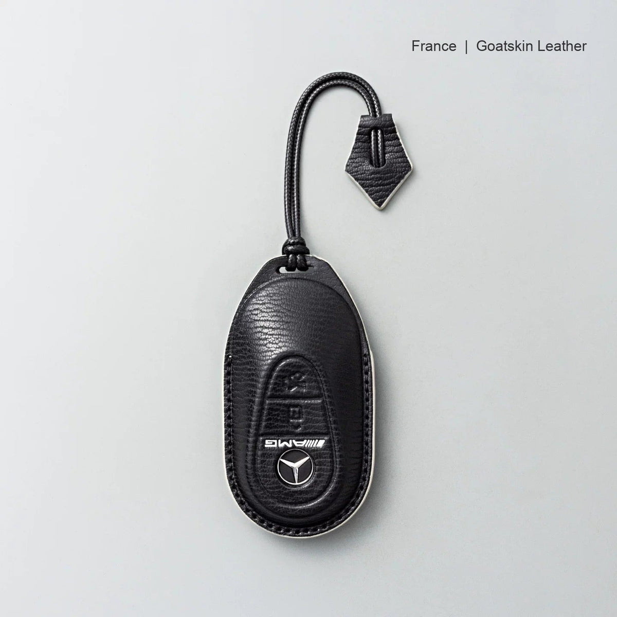 Mercedes-Benz goatskin leather key case, Style B, Black with White, Lanyard Strap