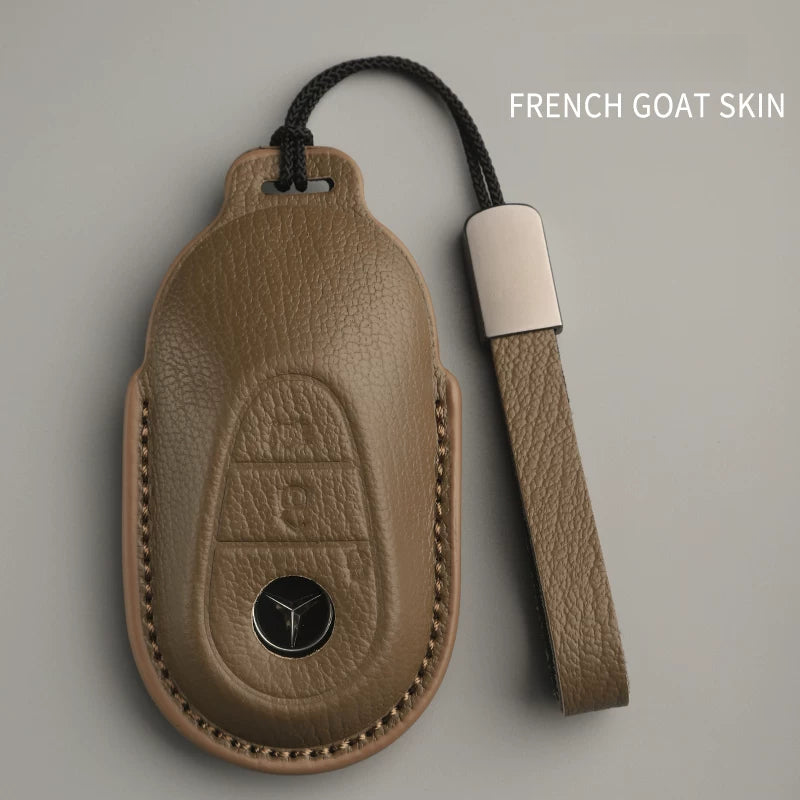 Mercedes-Benz French goatskin key case – Style A, Taupe Gray, Leather Strap