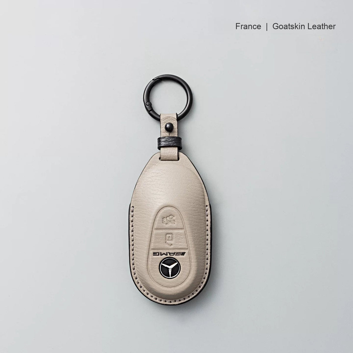 Mercedes-Benz goatskin leather key case, Style B, Gray with Black, Key Ring