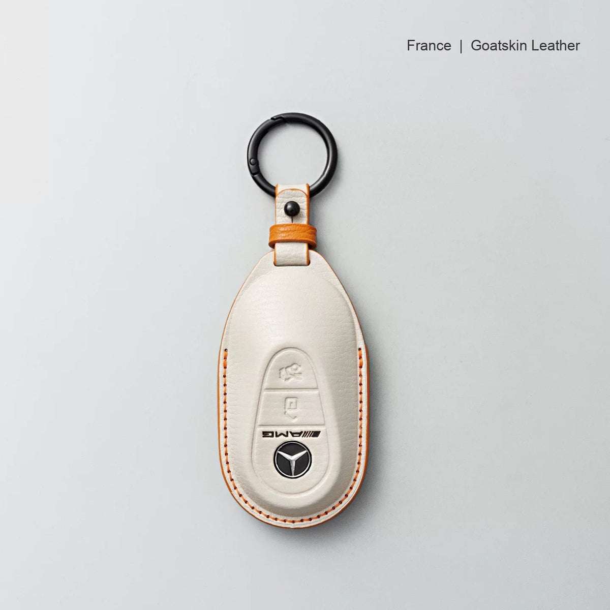 Mercedes-Benz goatskin leather key case, Style B, Cream White, Key Ring