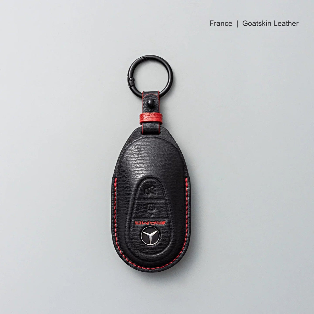 Mercedes-Benz goatskin leather key case, Style B, Black with Red, Key Ring