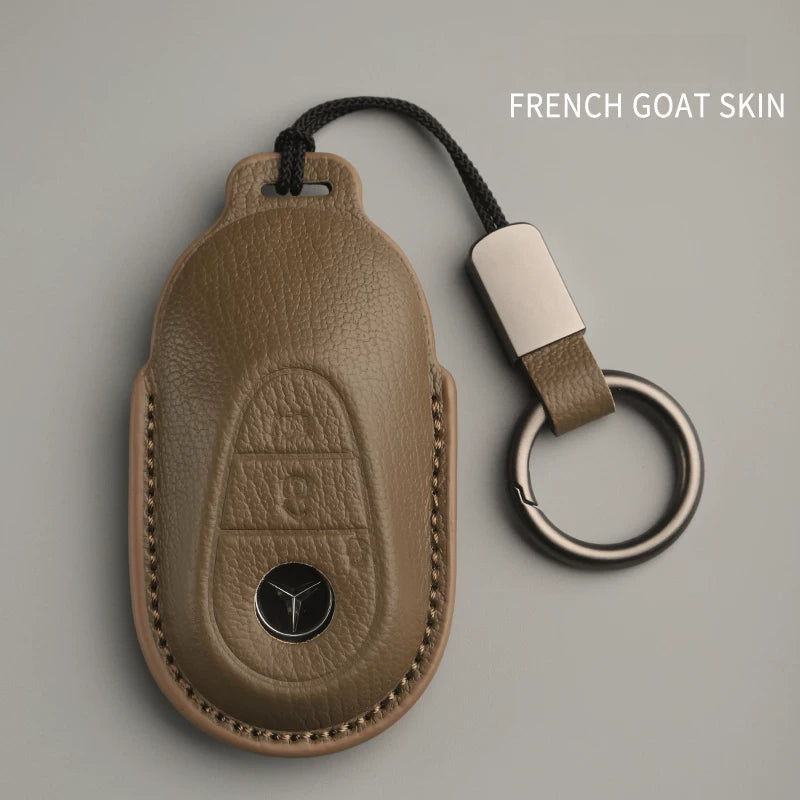 Mercedes-Benz French goatskin key case – Style A, Taupe Gray, Key Ring