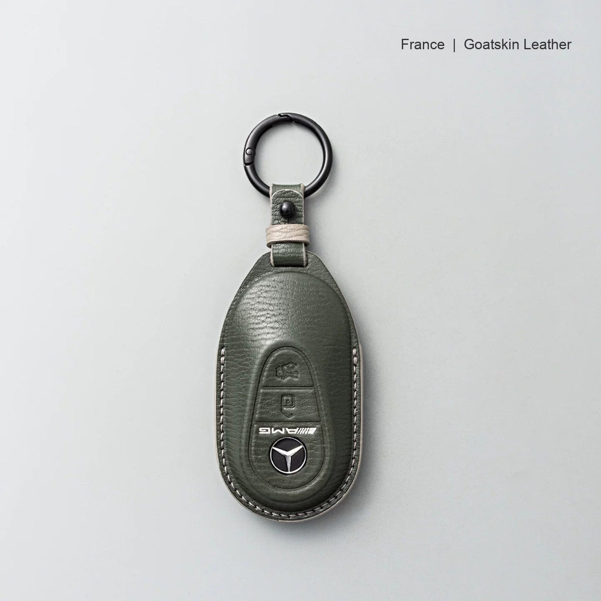 Mercedes-Benz goatskin leather key case, Style B, Olive Green, Key Ring