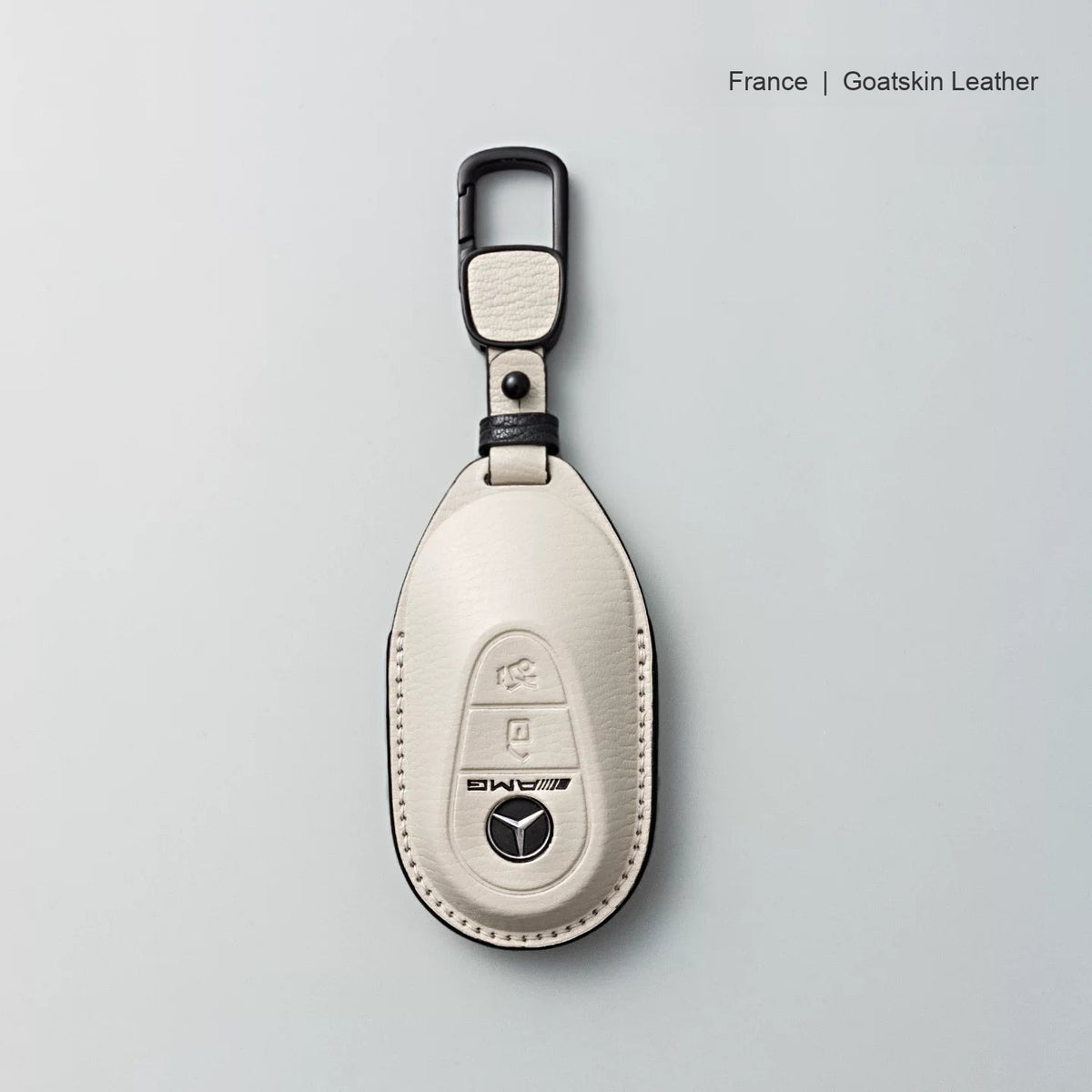 Mercedes-Benz goatskin leather key case, Style B, White with Black, Carabiner Clip