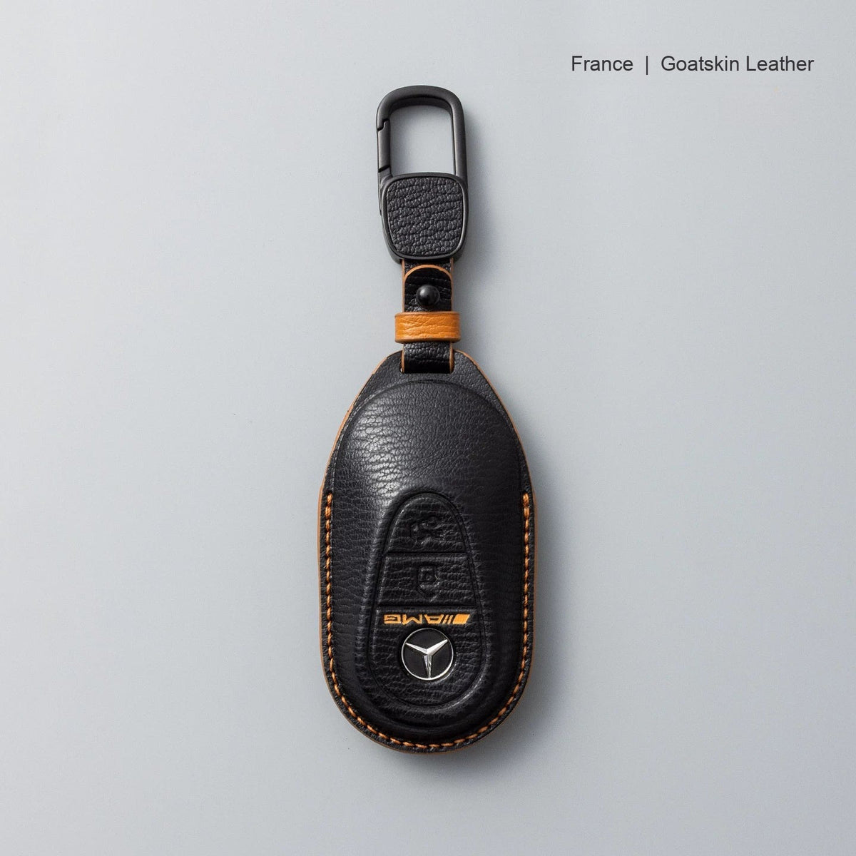 Mercedes-Benz goatskin leather key case, Style B, Black with Tan, Carabiner Clip