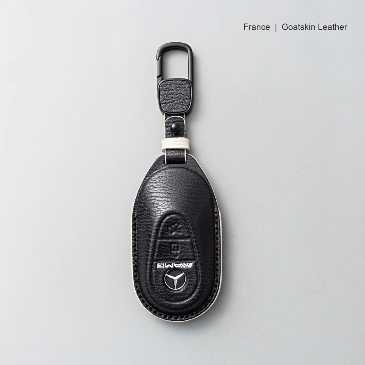 Mercedes-Benz goatskin leather key case, Style B, Black with White, Carabiner Clip