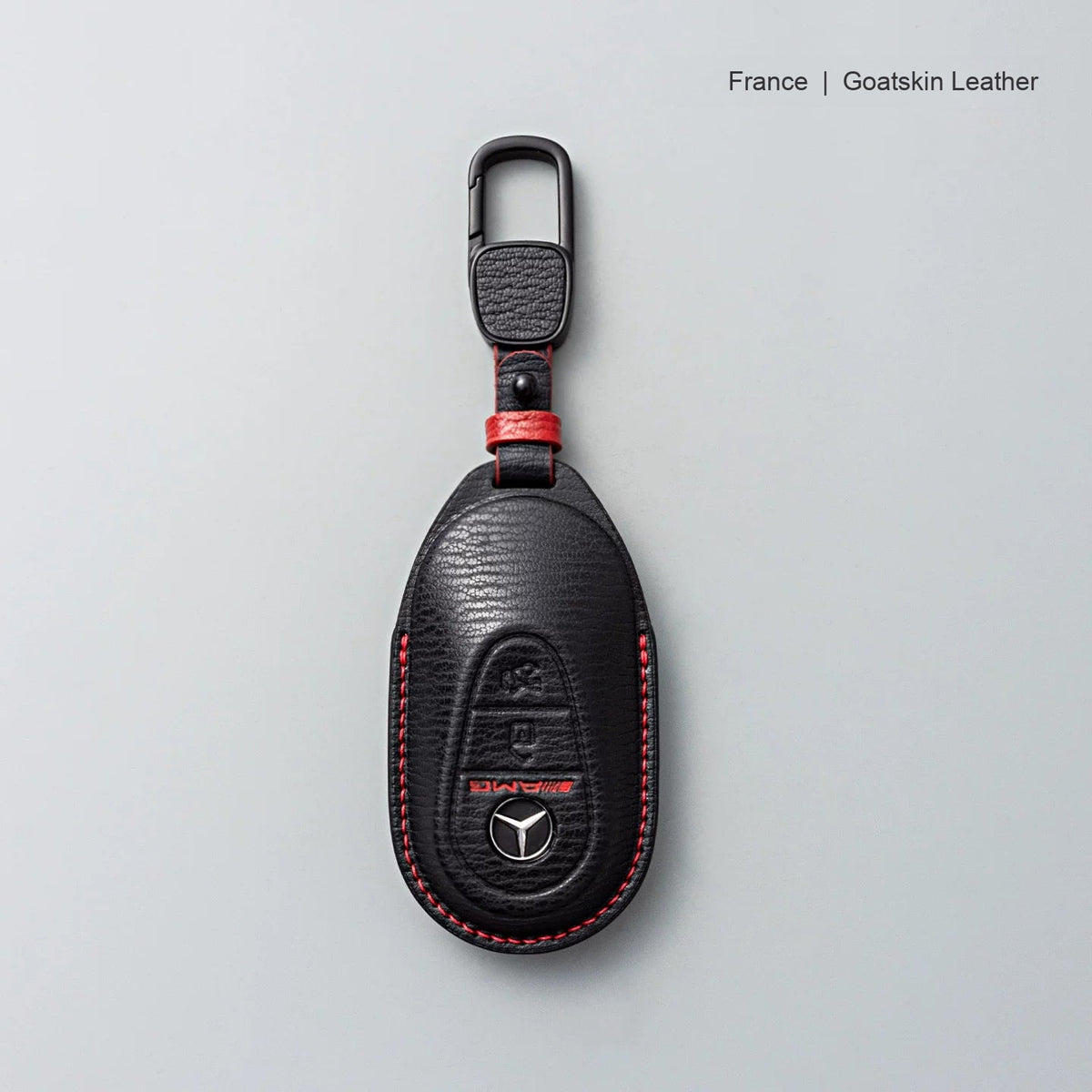 Mercedes-Benz goatskin leather key case, Style B, Black with Red, Carabiner Clip