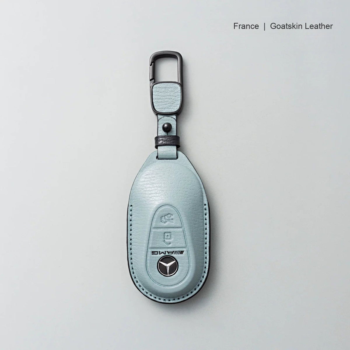 Mercedes-Benz goatskin leather key case, Style B, Mist Blue, Carabiner Clip