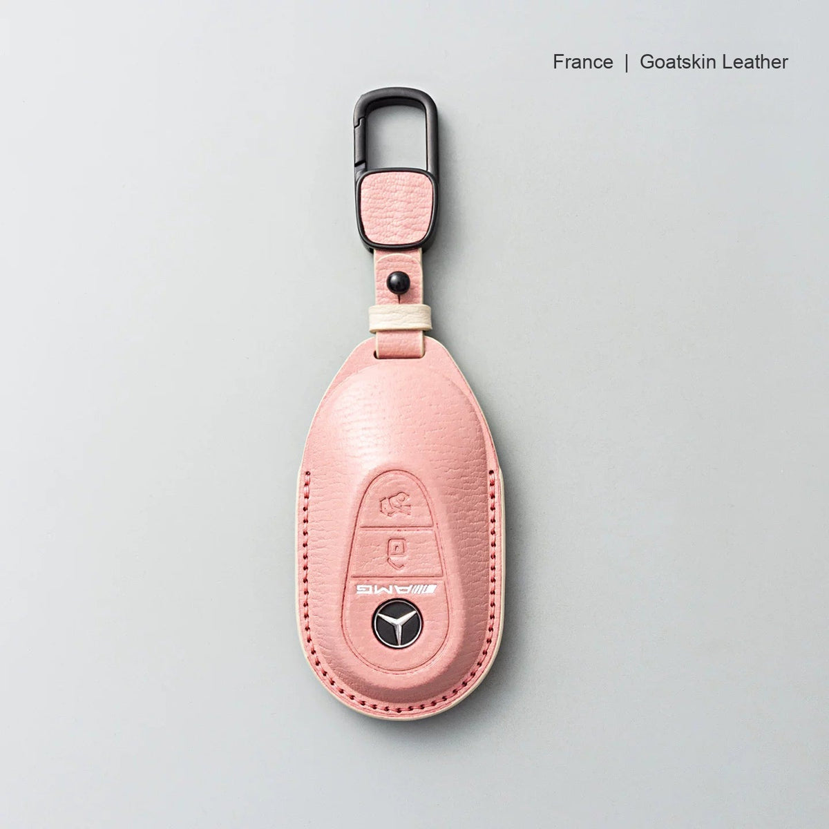 Mercedes-Benz goatskin leather key case, Style B, Sakura Pink, Carabiner Clip