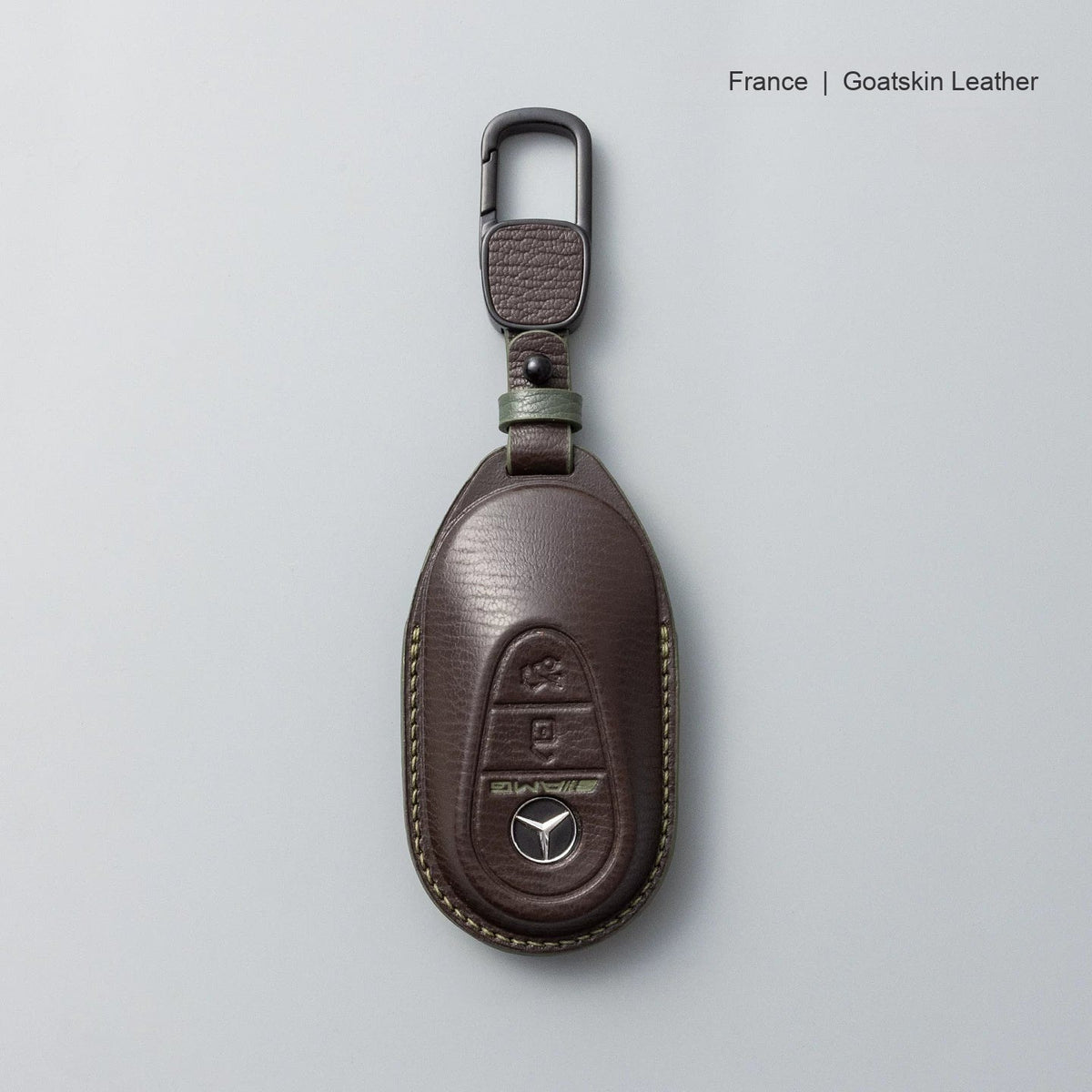 Mercedes-Benz goatskin leather key case, Style B, Mocha Brown, Carabiner Clip
