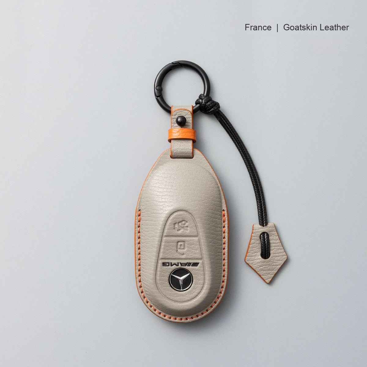 Mercedes-Benz goatskin leather key case, Style B, Dove Gray, Key Ring + Lanyard