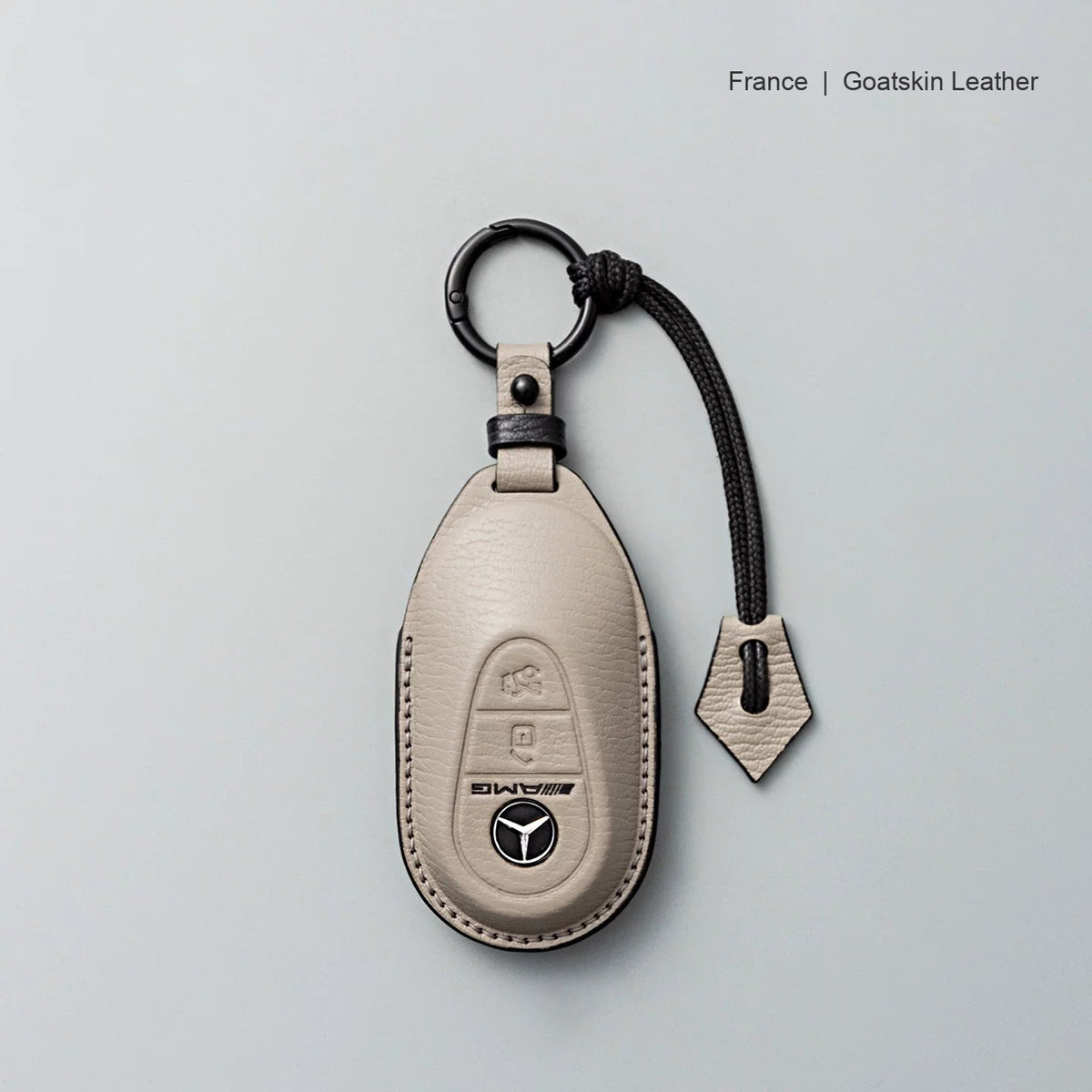 Mercedes-Benz goatskin leather key case, Style B, Gray with Black, Key Ring + Lanyard