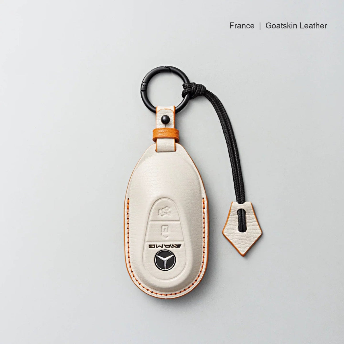 Mercedes-Benz goatskin leather key case, Style B, Cream White, Key Ring + Lanyard