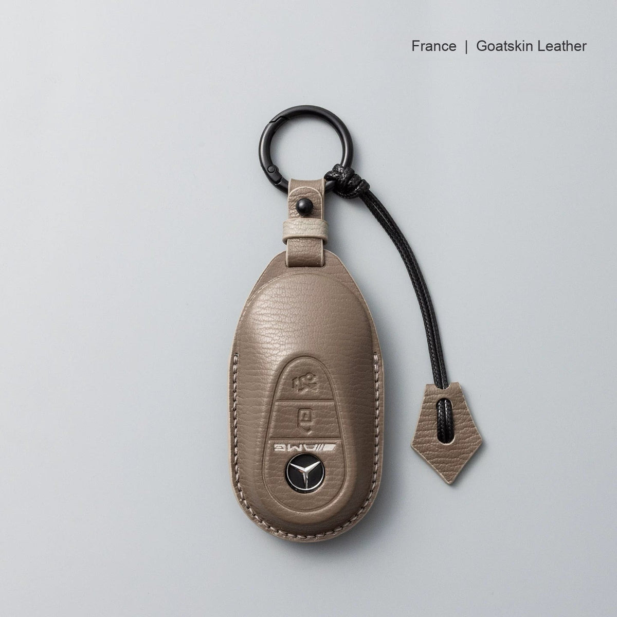 Mercedes-Benz goatskin leather key case, Style B, Taupe, Key Ring + Lanyard