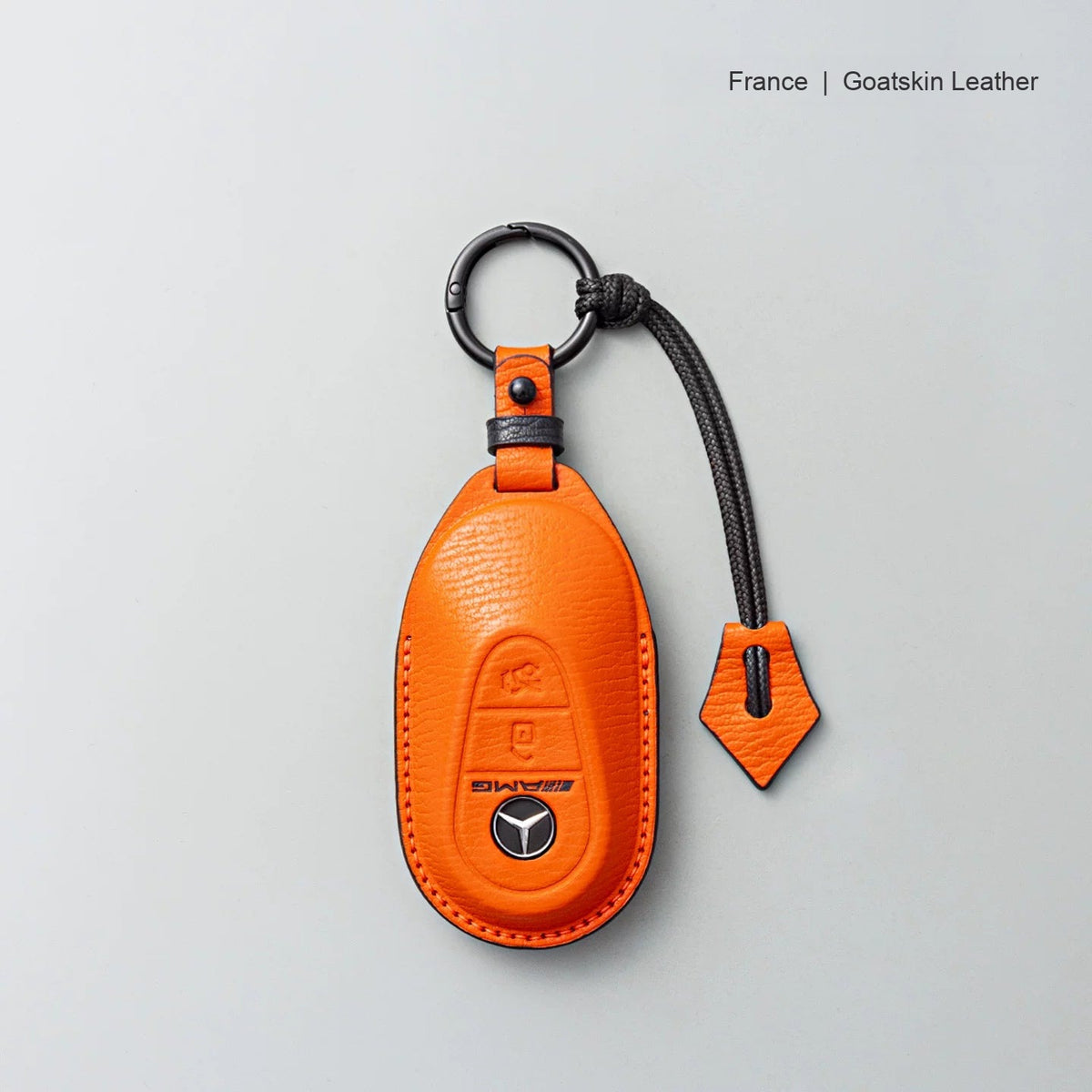 Mercedes-Benz goatskin leather key case, Style B, Vivid Orange, Key Ring + Lanyard