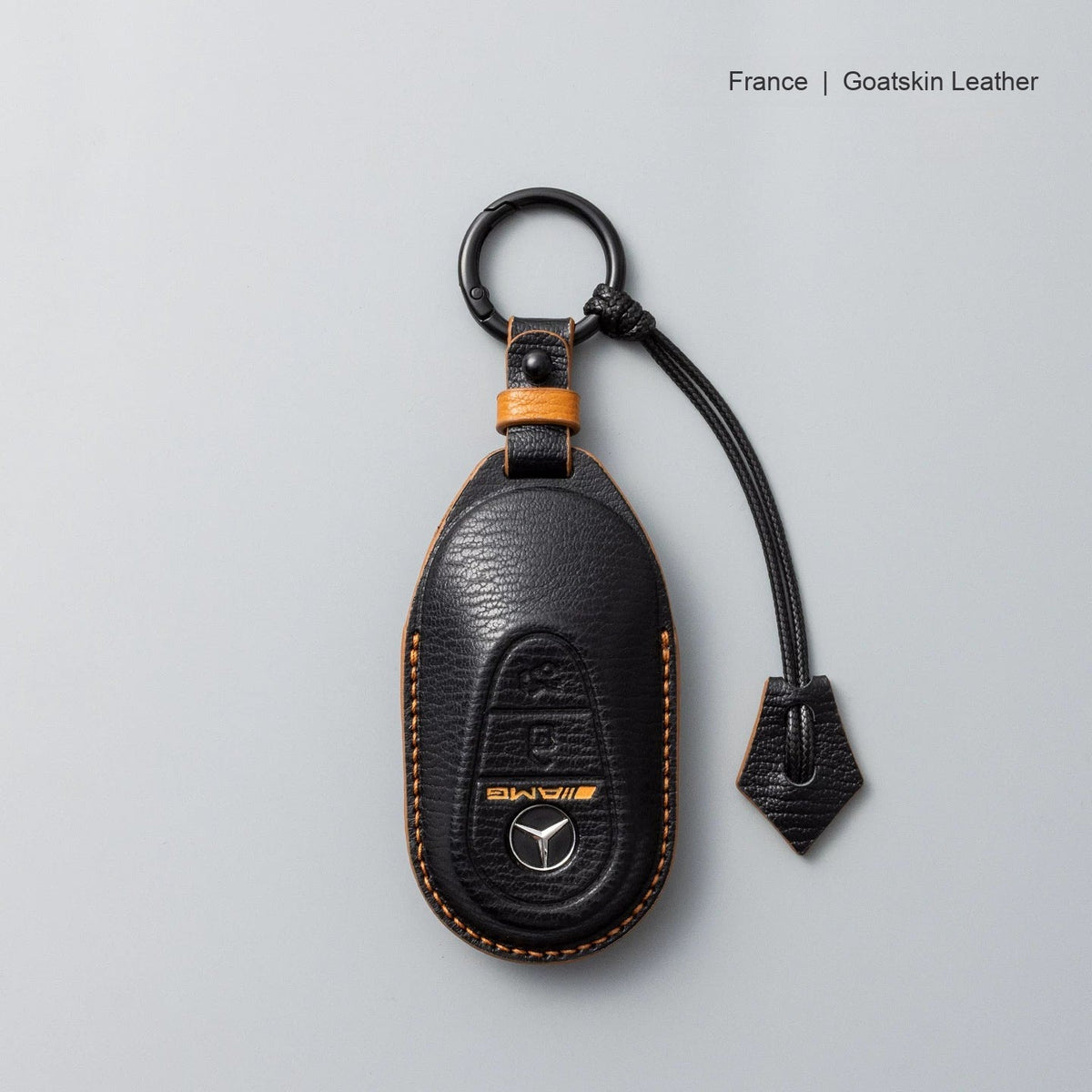 Mercedes-Benz goatskin leather key case, Style B, Black with Tan, Key Ring + Lanyard