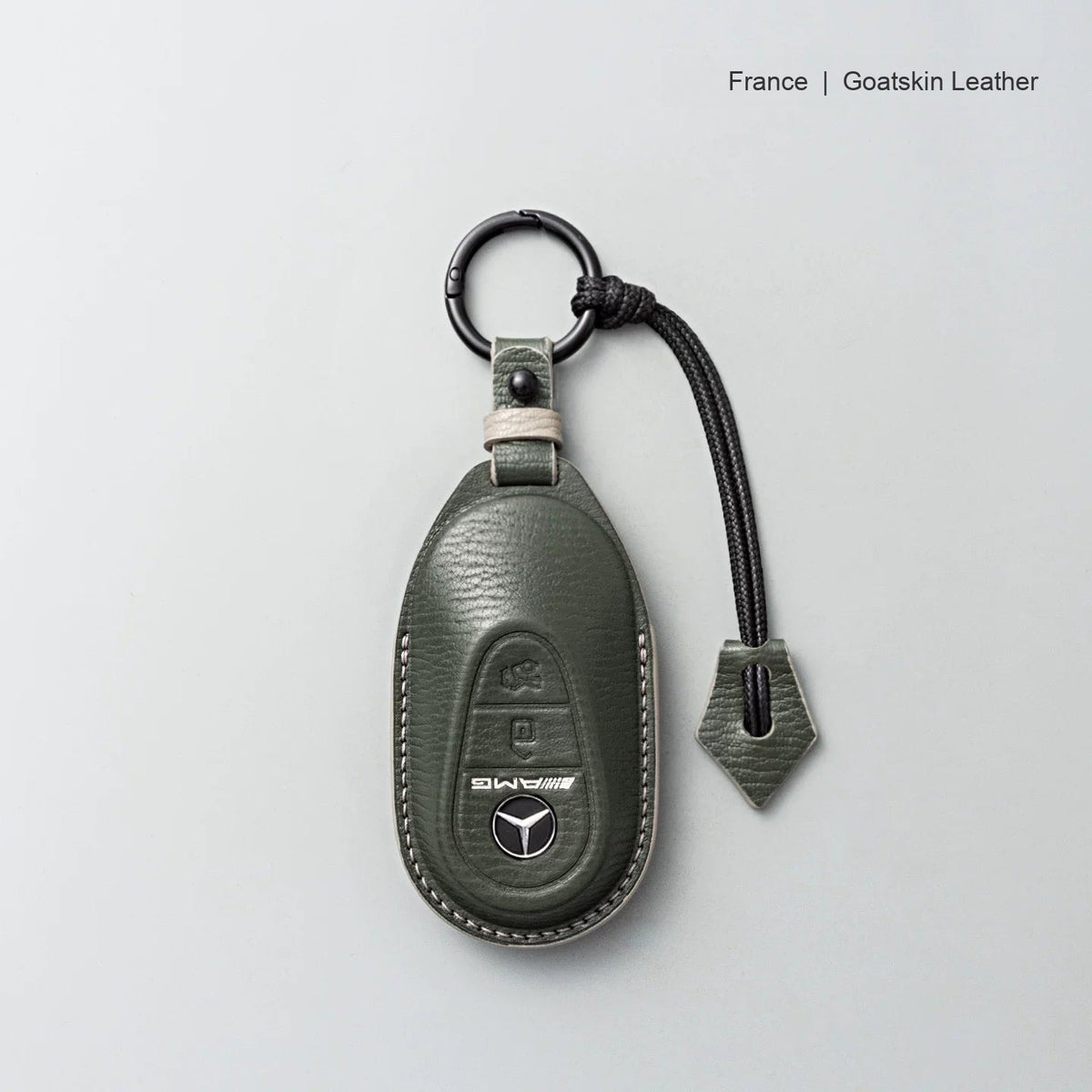 Mercedes-Benz goatskin leather key case, Style B, Olive Green, Key Ring + Lanyard