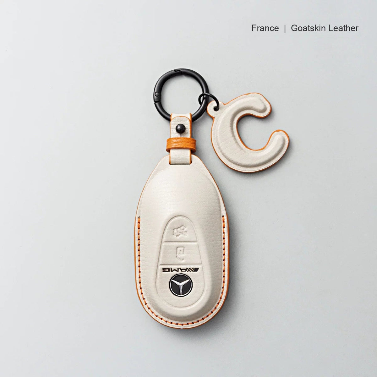 Mercedes-Benz goatskin leather key case, Style B, Cream White, Key Ring + Initial Letter Charm