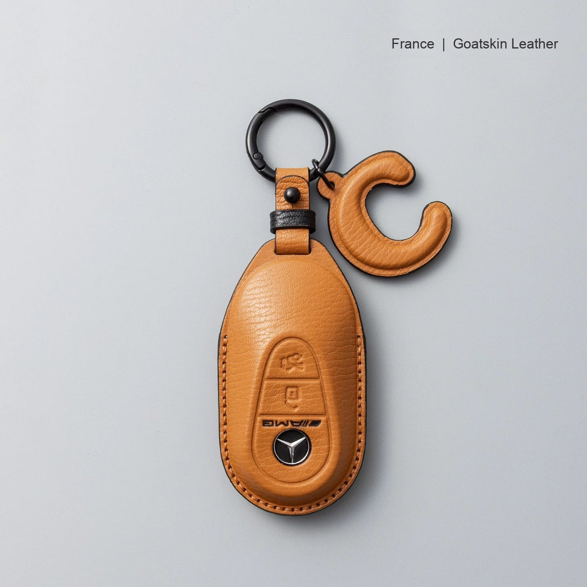 Mercedes-Benz goatskin leather key case, Style B, Caramel Brown, Key Ring + Initial Letter Charm