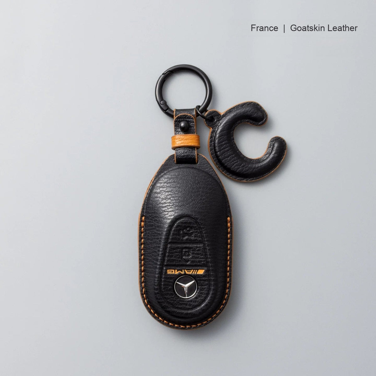 Mercedes-Benz goatskin leather key case, Style B, Black with Tan, Key Ring + Initial Letter Charm
