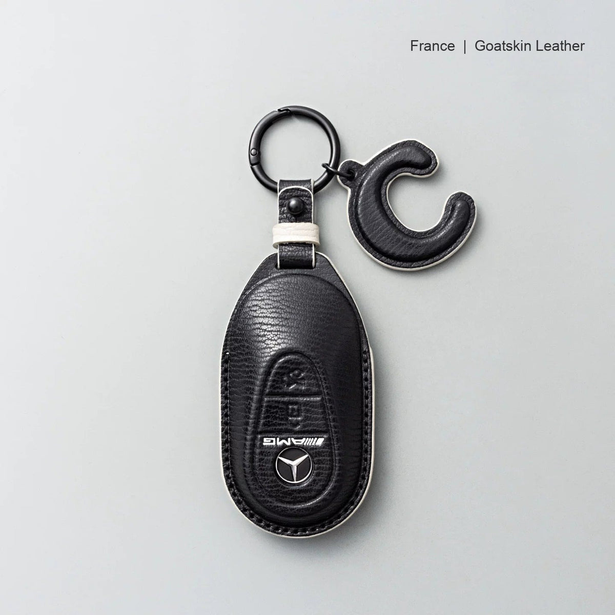 Mercedes-Benz goatskin leather key case, Style B, Black with White, Key Ring + Initial Letter Charm