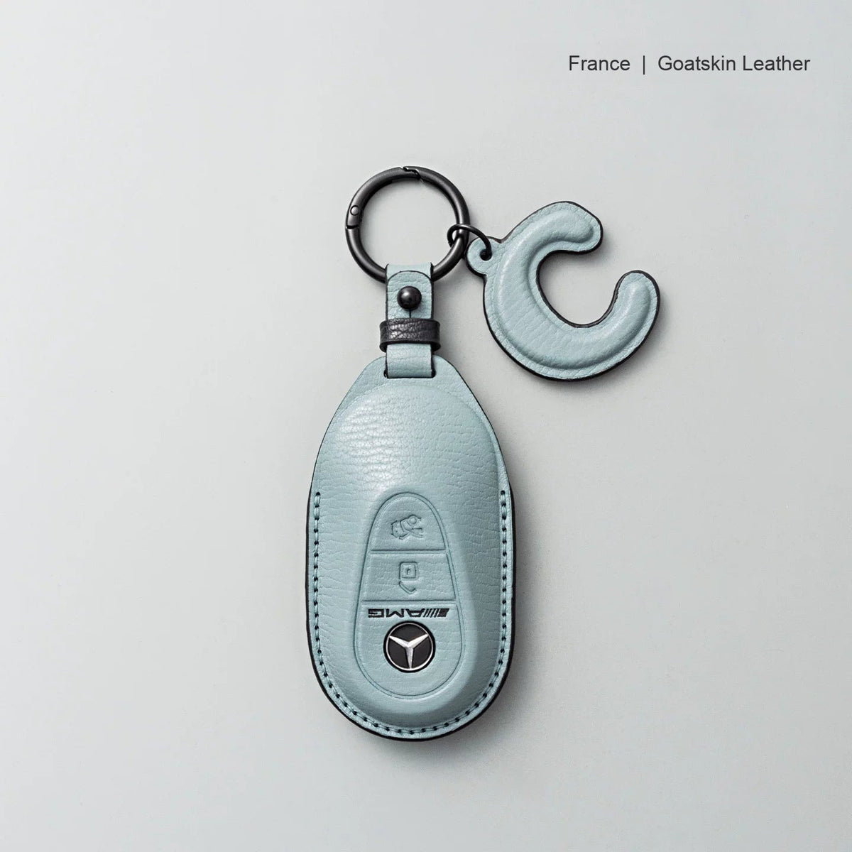 Mercedes-Benz goatskin leather key case, Style B, Mist Blue, Key Ring + Initial Letter Charm