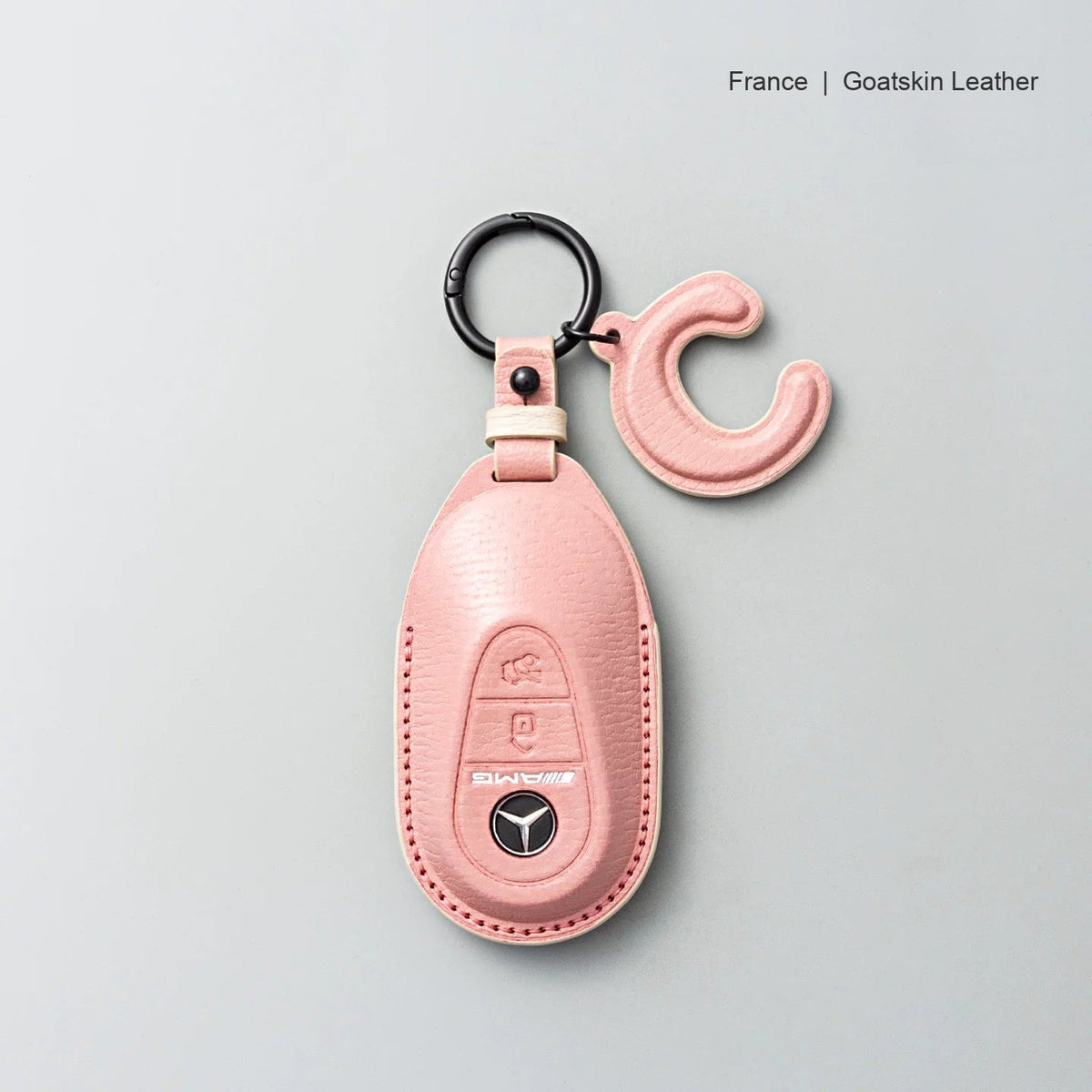 Mercedes-Benz goatskin leather key case, Style B, Sakura Pink, Key Ring + Initial Letter Charm