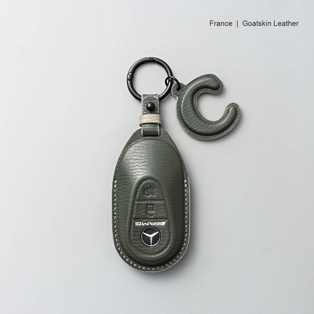 Mercedes-Benz goatskin leather key case, Style B, Olive Green, Key Ring + Initial Letter Charm