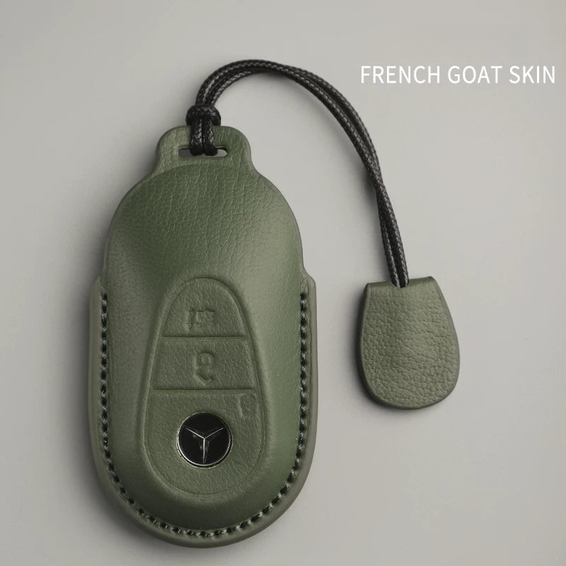 Mercedes-Benz French goatskin key case – Style A, Olive Green, Cord Lanyard