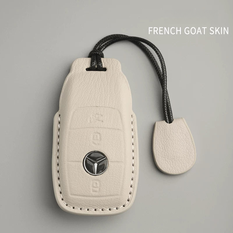 Mercedes-Benz French goatskin key case – Style B, Ivory, Cord Lanyard