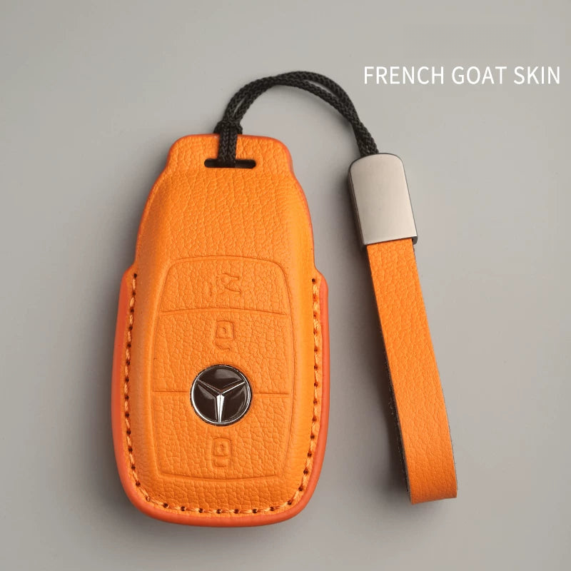 Mercedes-Benz French goatskin key case – Style B, Orange, Leather Strap
