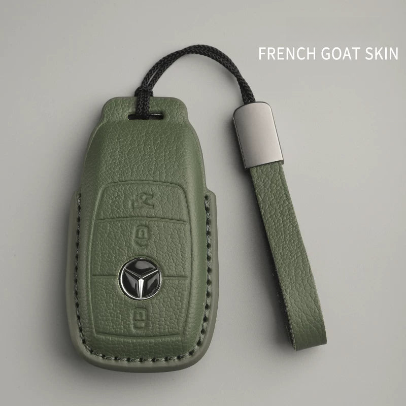 Mercedes-Benz French goatskin key case – Style B, Olive Green, Leather Strap