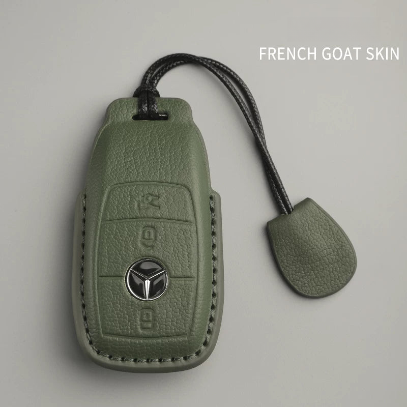 Mercedes-Benz French goatskin key case – Style B, Olive Green, Cord Lanyard