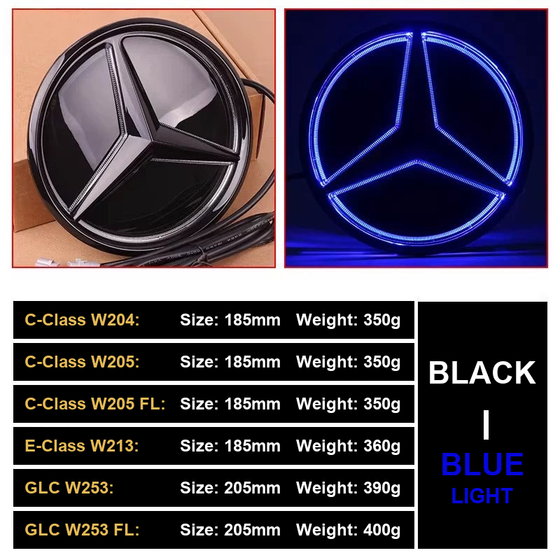 Gloss black LED grille star with blue light, size and weight chart