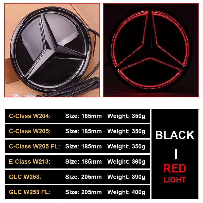 Gloss black LED grille star with red light, size and weight chart