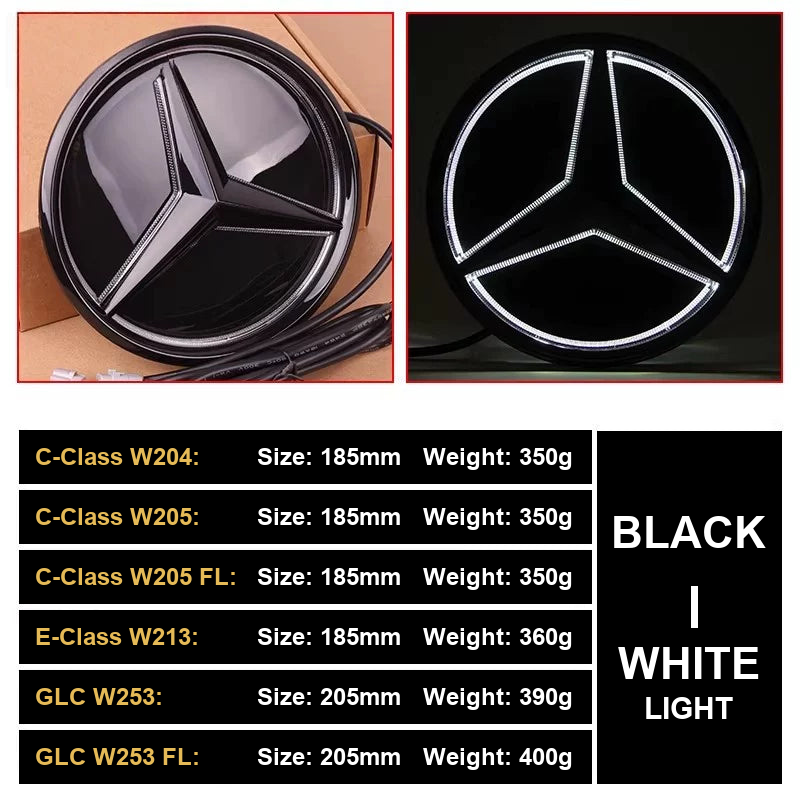 Gloss black LED grille star with white light, size and weight chart