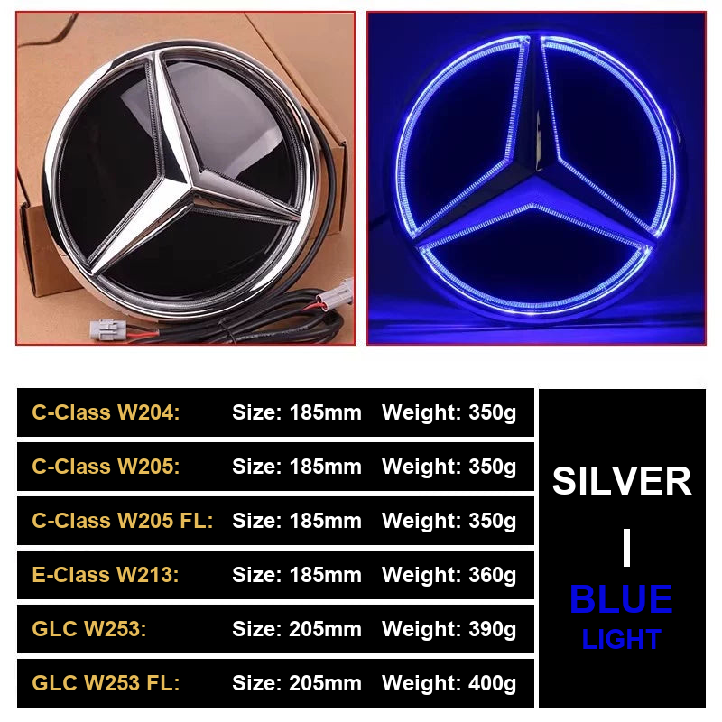 Chrome silver LED grille star with blue light, size and weight chart
