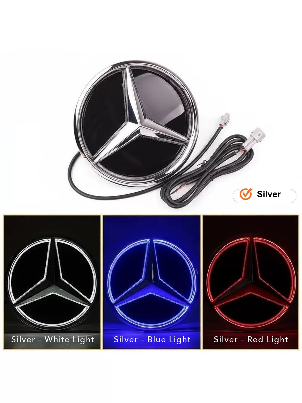 Chrome silver LED grille star in white, blue and red light